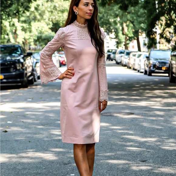 Light Pink Long Sleeve Midi Cocktail Dress with Lace Detail - Picture 7 of 9